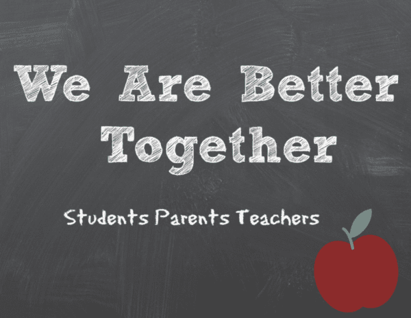 “We are better together” text against a gray background with an apple illustration