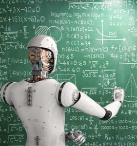 A robot is writing formulas on a blackboard.